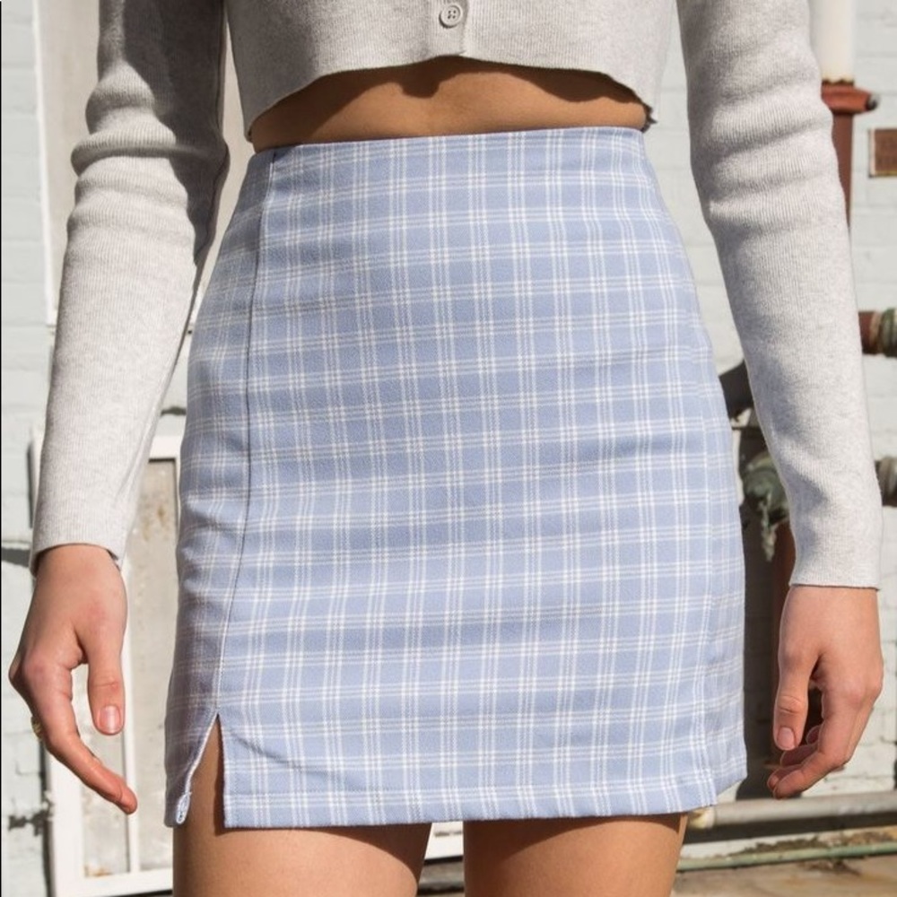 Light blue and white gingham patterned skirt